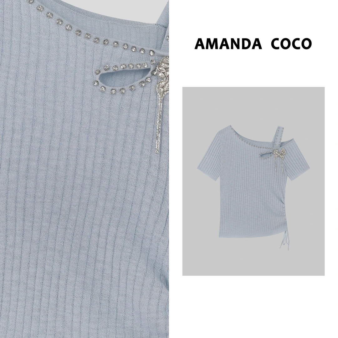 辰辰 |  半夏翩翩～薄款钉钻蝴蝶流苏显瘦露肩短袖针织衫v30071