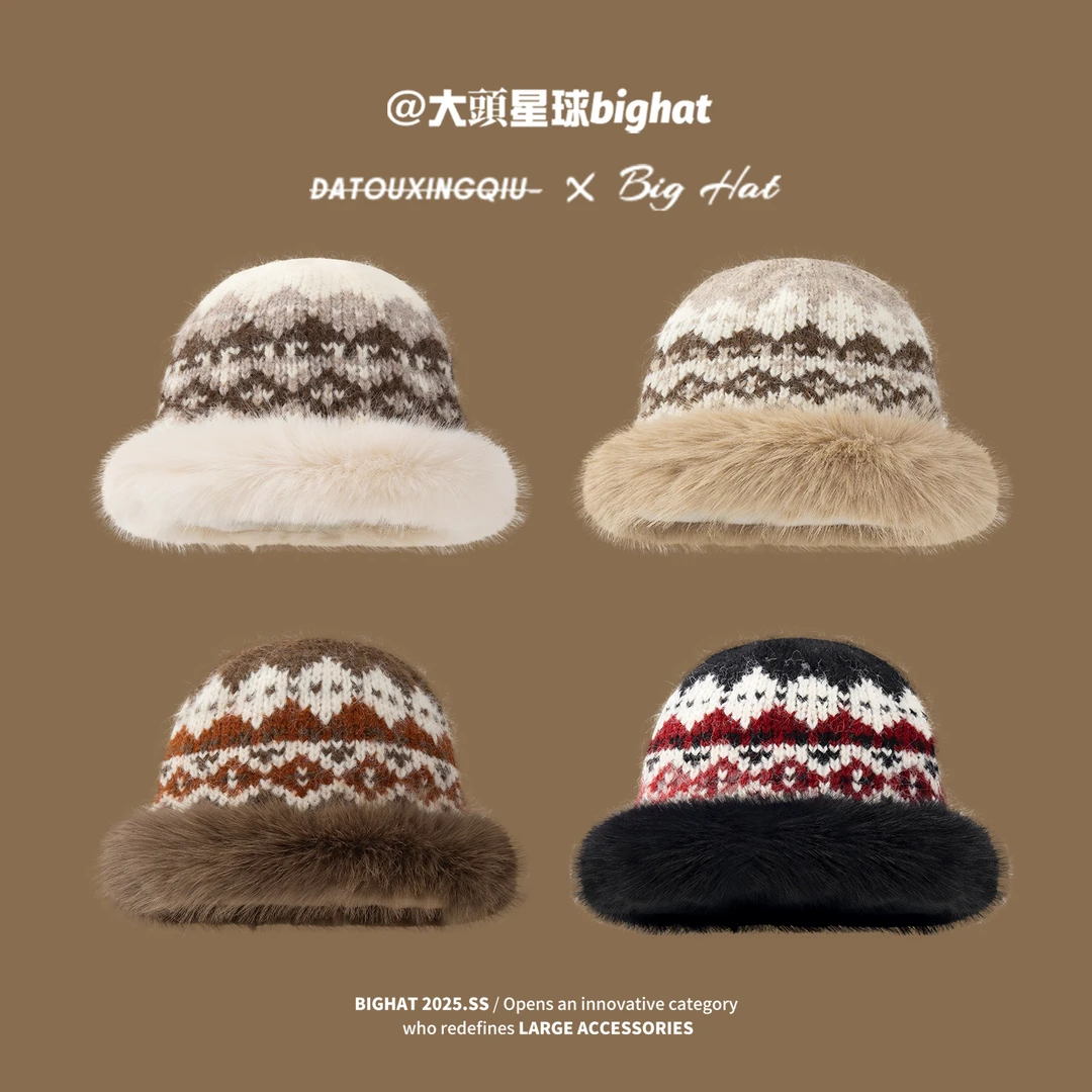 大头星球渔夫帽女冬大头围针织帽费尔岛风保暖水桶帽