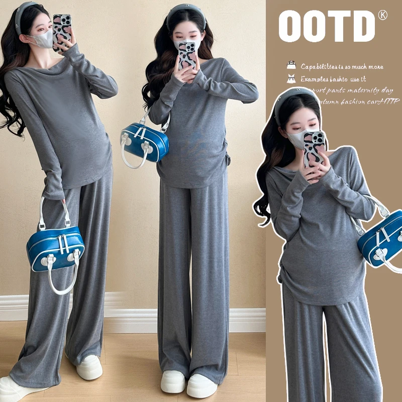 孕妇春装新款时尚大码慵懒风潮妈上衣+裤子两件套套装