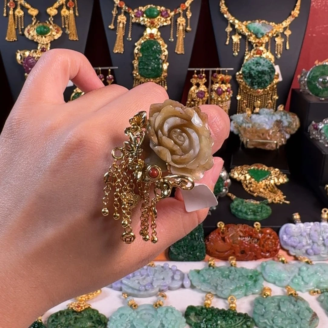 翡翠戒指银S925镀金镶嵌牡丹花戒指 亏清