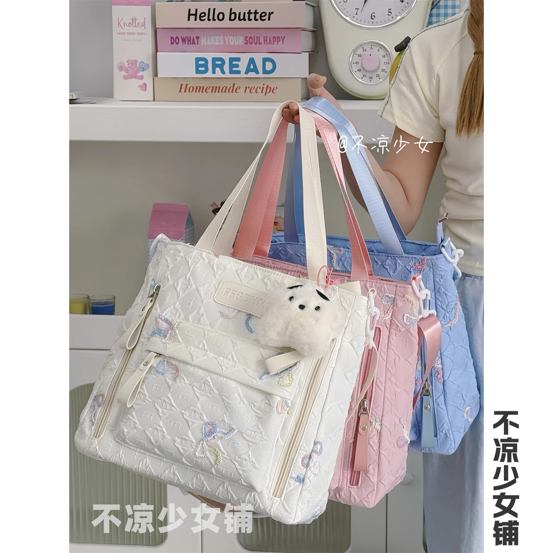 可爱蝴蝶结单肩斜挎包轻便少女大容量褶皱托特包女学生补习上课包