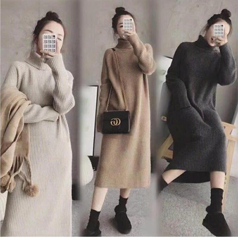 秋冬装加厚宽松针织高领中长款大码胖MM毛衣裙过膝