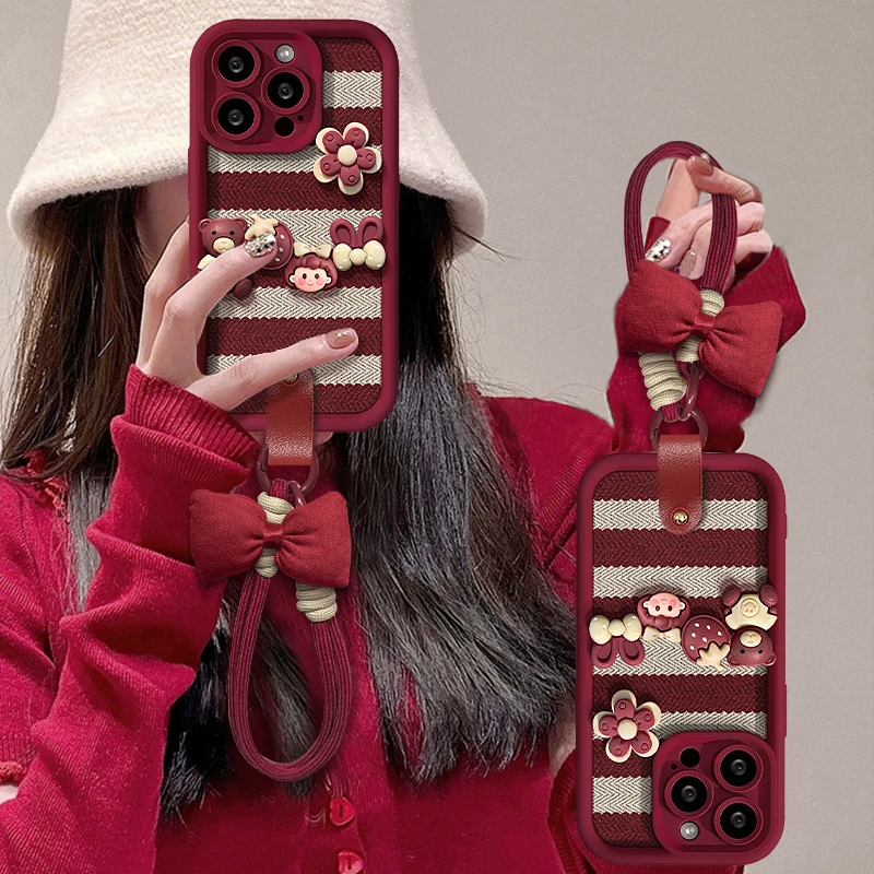 条纹格子公仔适用苹果16promax华为vivo/oppo小米天眼羊皮手机壳