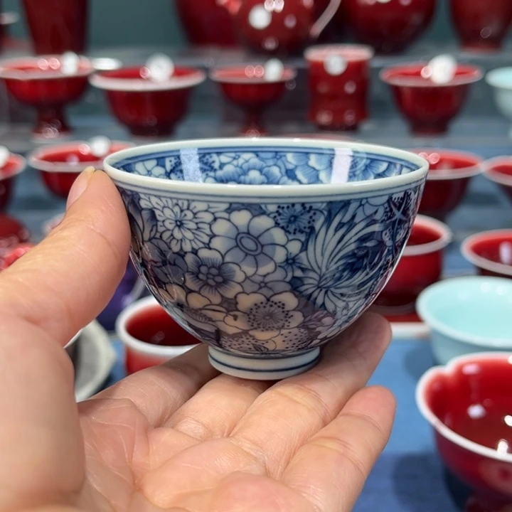 景德镇浅行窑柴窑万花鸡心杯