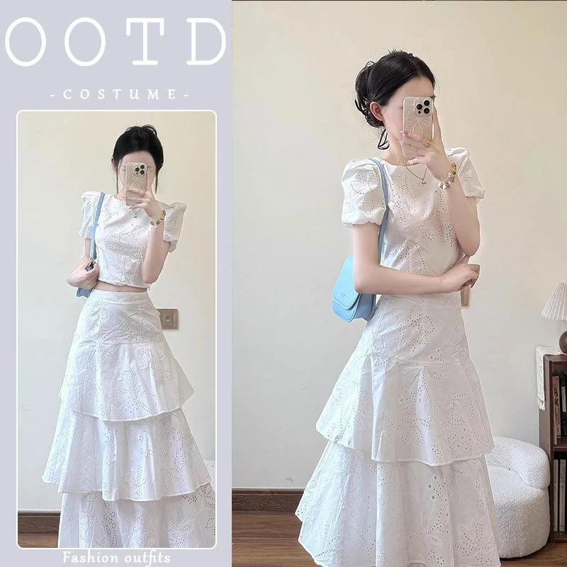 法式白色套装泡泡袖短款衬衫女夏季高腰蛋糕裙半身裙温柔风两件套