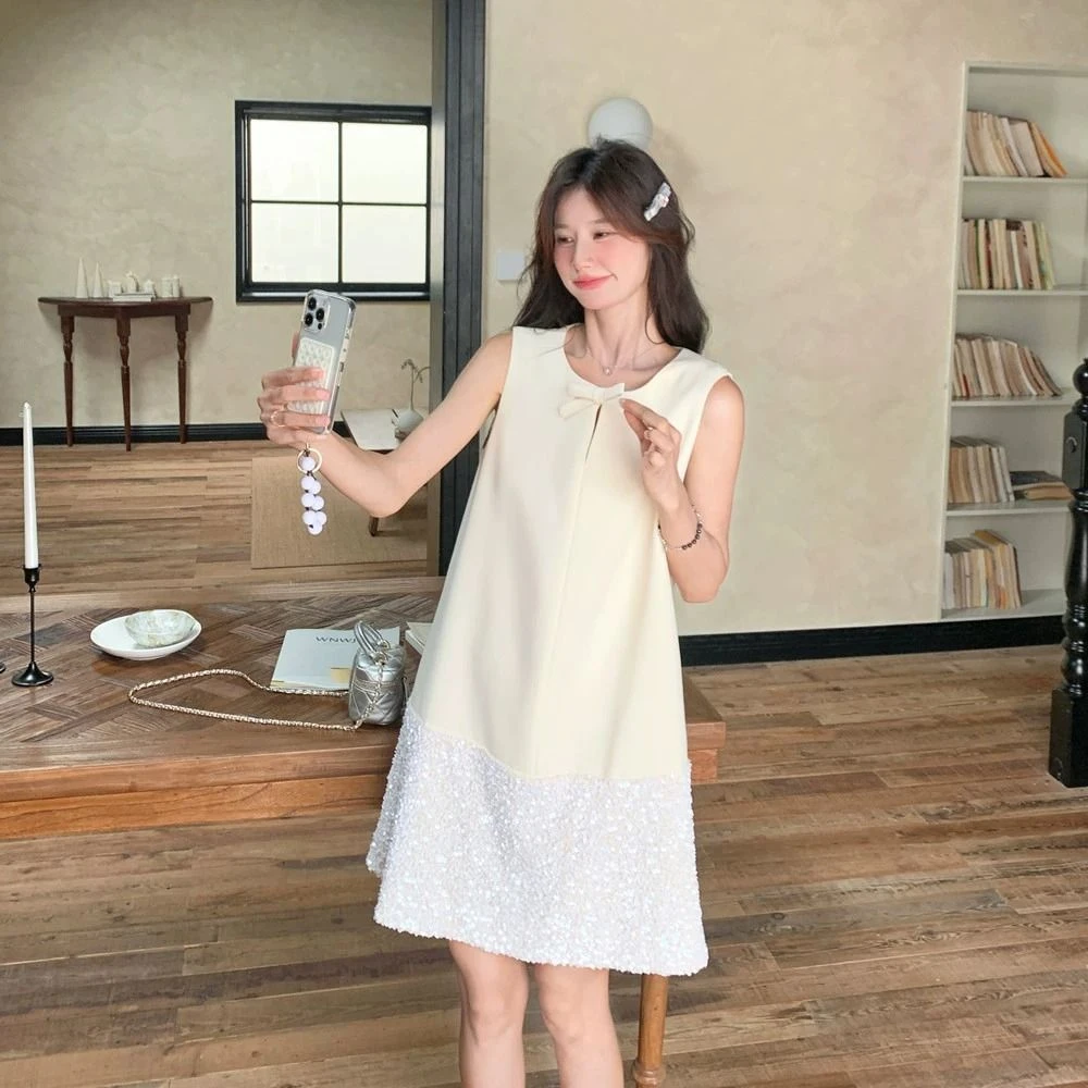 法式亮片拼接无袖小香风连衣裙女夏名媛赫本风韩系清冷感背心裙