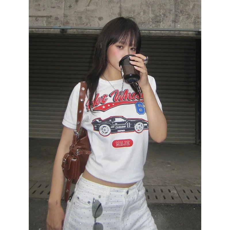 【蒲7】美式复古花朵正肩短袖t恤女夏季修身显瘦国潮牌简约T恤