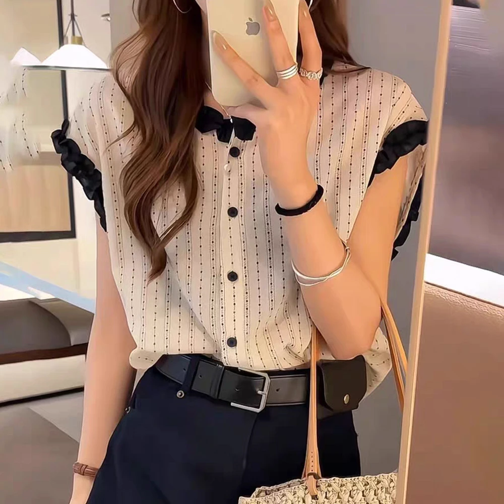 韩系时尚无袖薄款T恤2025夏季纽扣设计感花边袖印花条纹衬衫T358