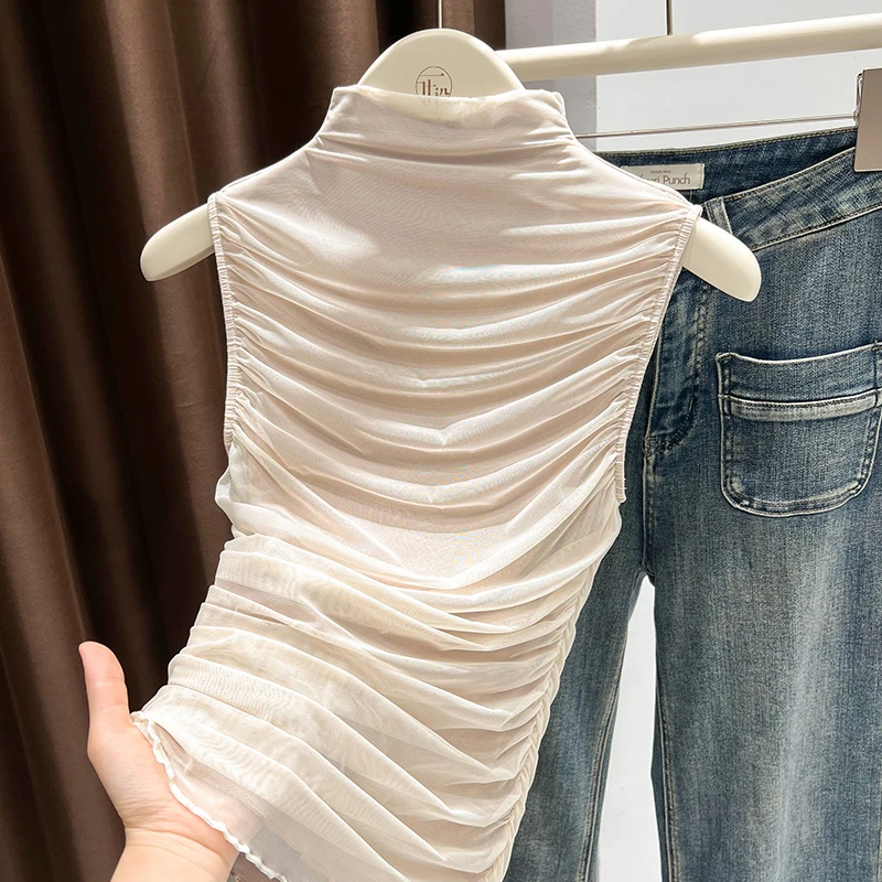 杏色无袖半高领T恤坎肩女夏季网纱薄款修身纯欲高级感打底衫上衣