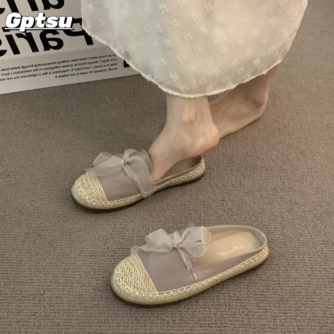 GPTSu小香风芋泥紫包头半拖鞋女配裙子法式蝴蝶结波西米亚渔夫鞋