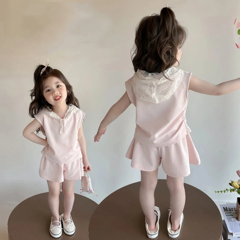 女童连帽蕾丝套装2025新款儿童夏装韩版洋气夏季休闲小女孩两件套