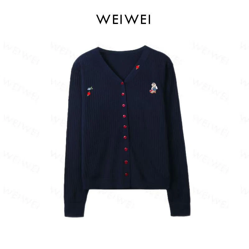 V领绣花针织开衫wr013