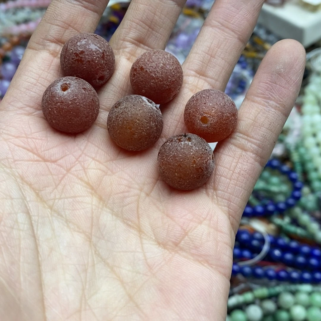 玛瑙/玉髓未镶嵌珠宝半成品五个15mm+老玛瑙磨沙橘皮圆珠
