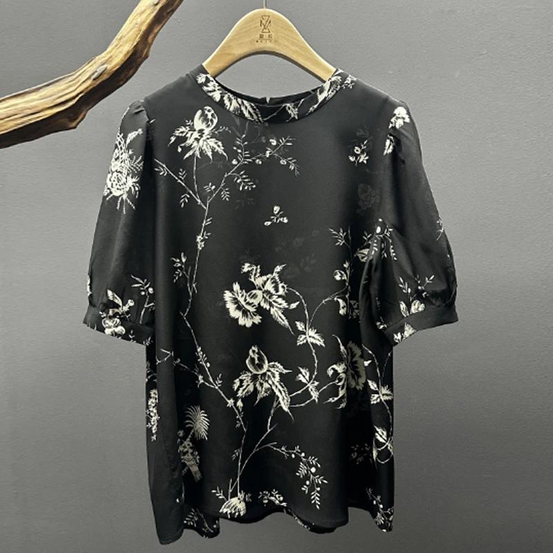 [刘叔] 圆领印花百搭桑蚕丝上衣S900A400