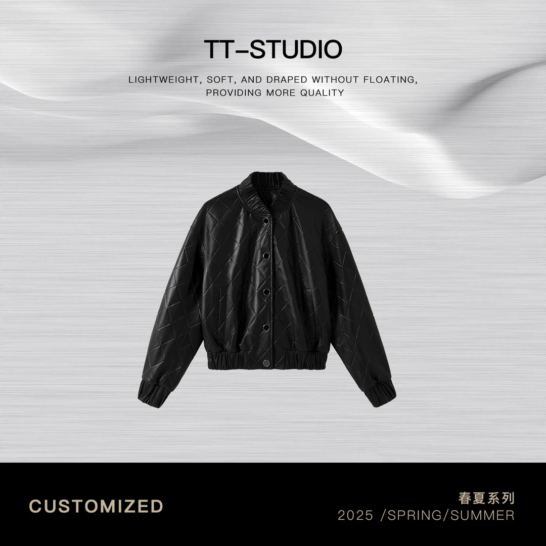 TT【菱格香风】春夏纯绵羊皮半高领菱格纹皮衣外套TT-11F7757