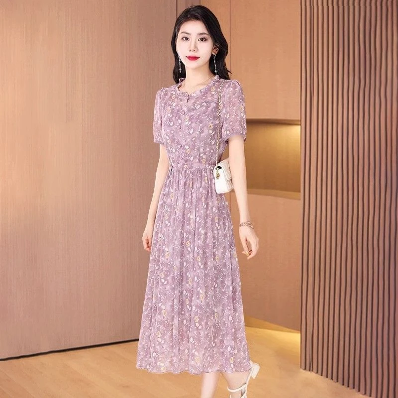 品风松弛感女装2025新款夏季碎花雪纺洋气连衣裙气质