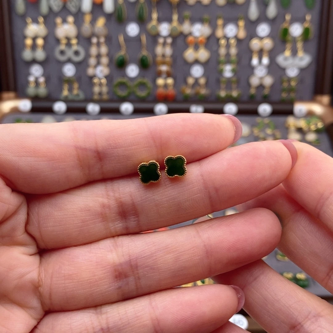 银S925镶嵌和田玉耳饰轩***落