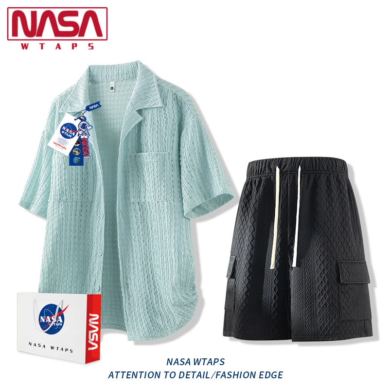 NASA WTAPS夏季冰丝薄款短袖衬衫套装男宽松镂空衬衣搭短裤两件套