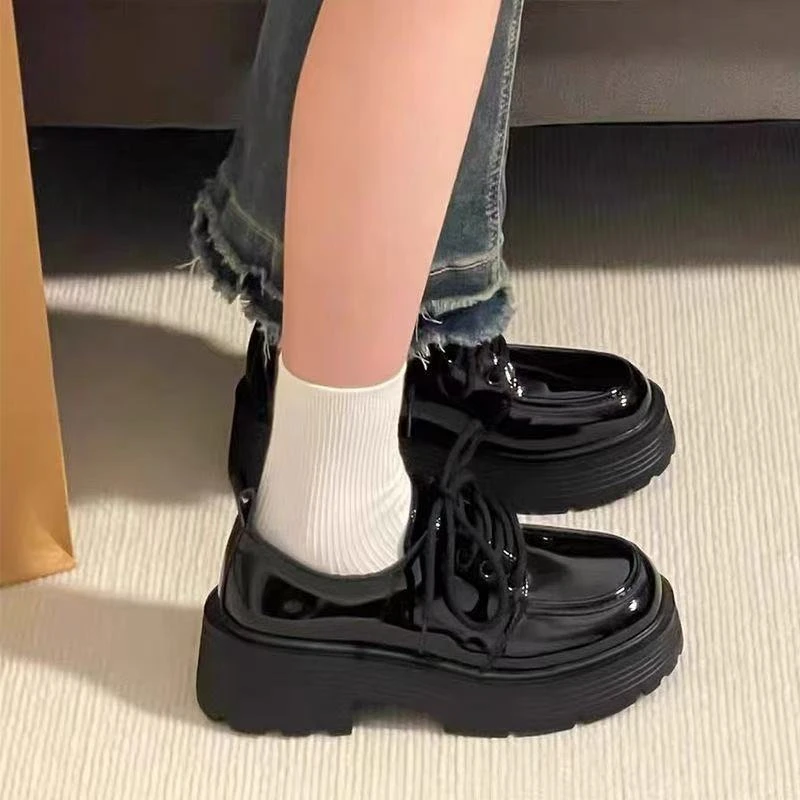 2025新款韩版增高玛丽珍粗跟皮鞋黑色松糕系带乐福鞋防滑七公分