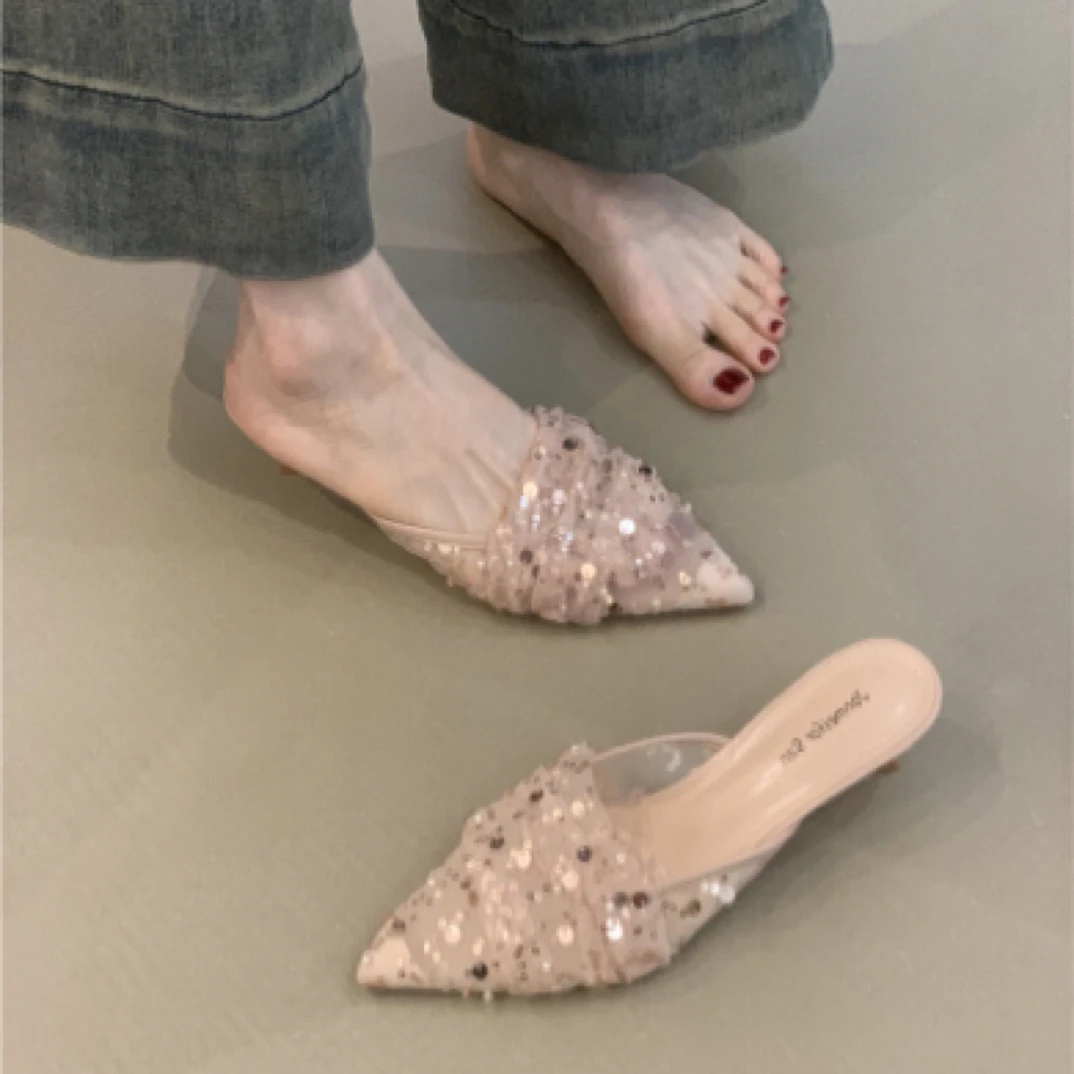 JM-3555-1温柔仙女风高跟鞋2025年法式气质网纱透气配裙子凉拖