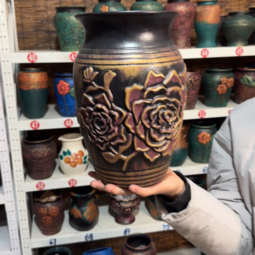 红陶红陶浮雕花盆炸炸炸