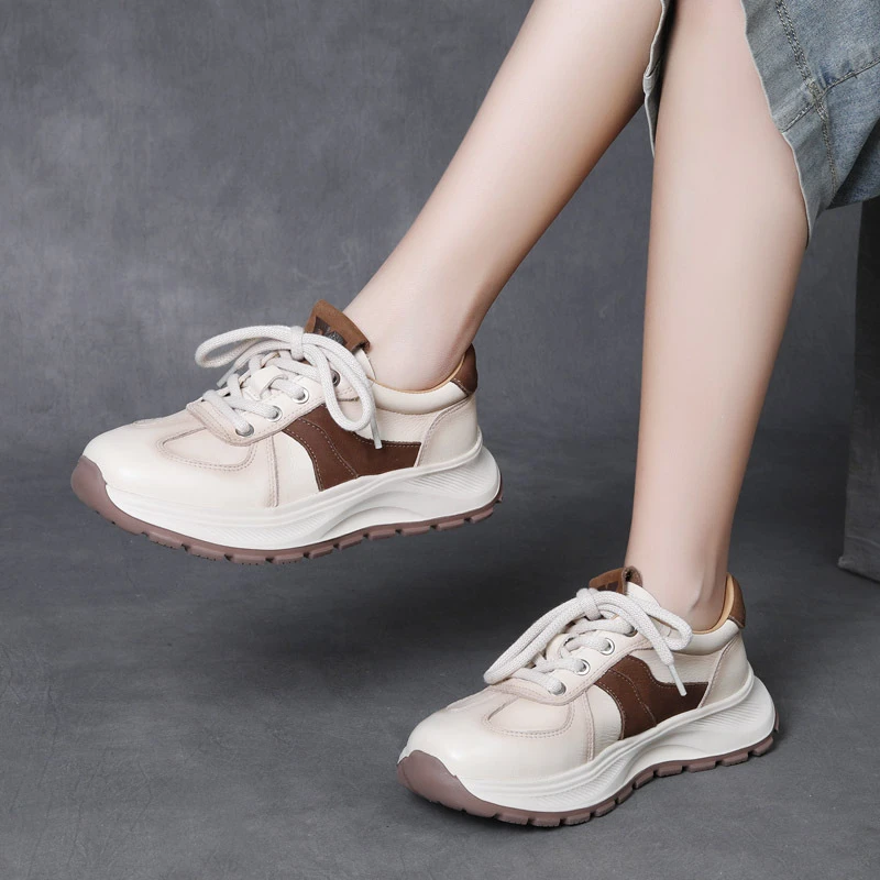 2025春季新款头层牛皮系带运动休闲鞋女真皮轻便单鞋德训阿甘鞋