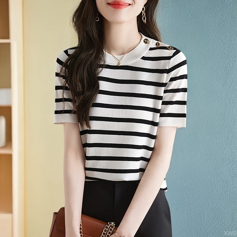 显瘦洋气百搭撞色条纹设计感清凉冰丝肩扣女装2025夏季针织T恤衫