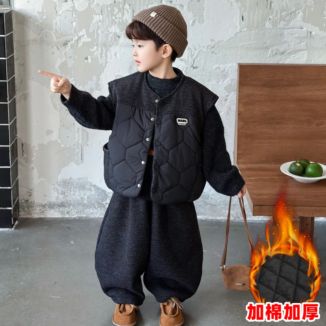 男童秋冬季夹棉马甲三件套2025新款儿童韩版加绒毛衣保暖棉服套装