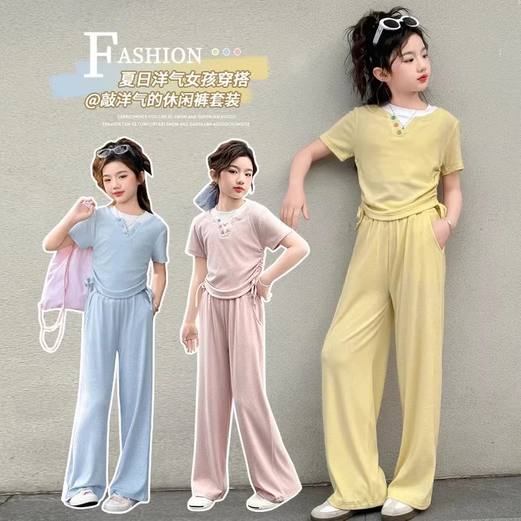 女童假两件套装夏季2025新款中大童短袖T恤糯米阔腿裤运动两件套