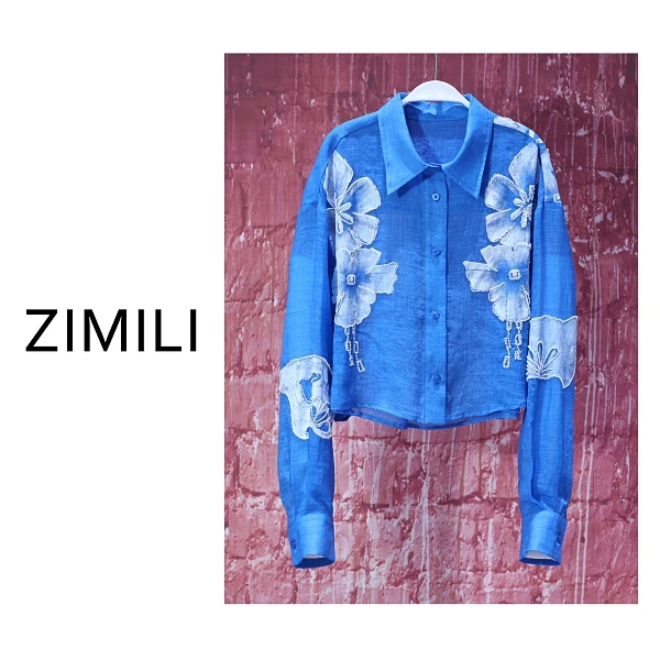 【亮哥女装】2025欧版《花釉》埃及蓝印花钉珠休闲重工衬衫8129
