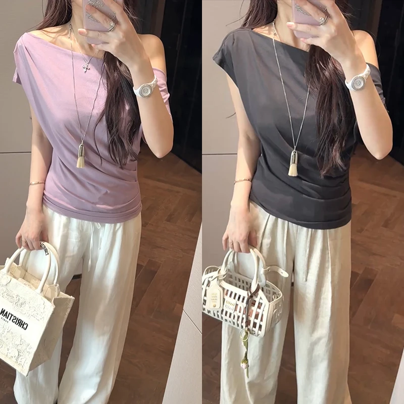 【mimius】P 时尚简约不规则斜肩修身设计感上衣 G05101