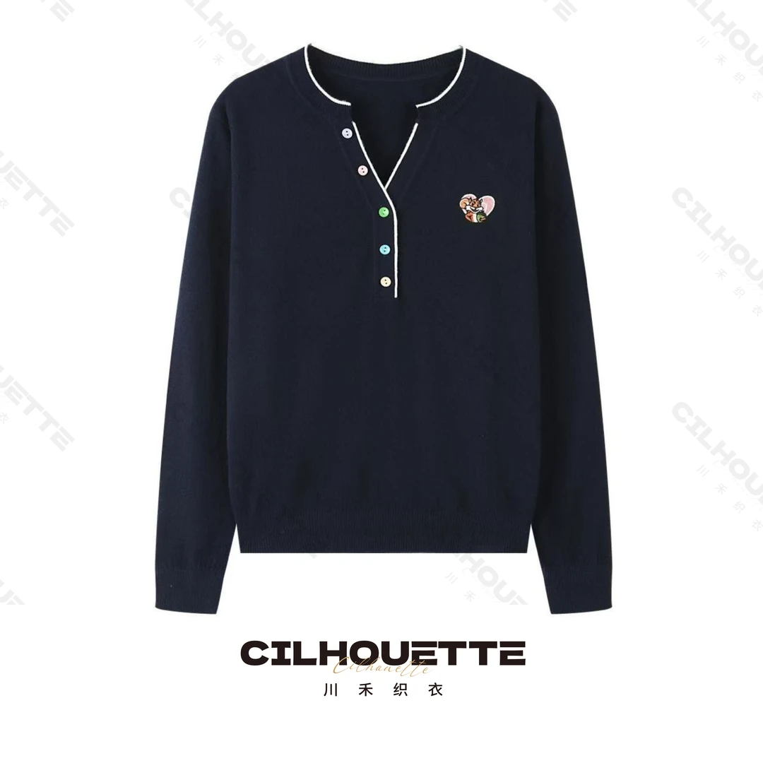川禾织衣 早秋爱“鼠”于你V领刺绣羊毛针织打底洋气显瘦长袖羊毛衫