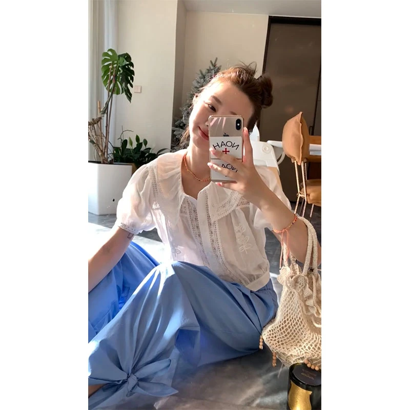 夏季法式纯欲风修身显瘦短款网红穿搭上衣休闲宽松百搭阔腿长裤女