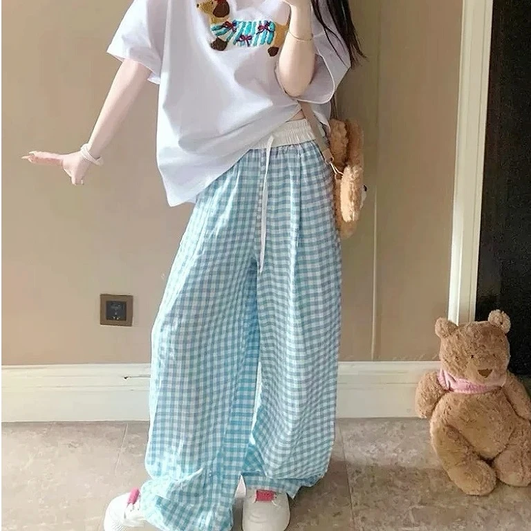 【运补5-8】2025新款薄格子裤女高腰宽松休闲山本裤直筒复古阔腿裤