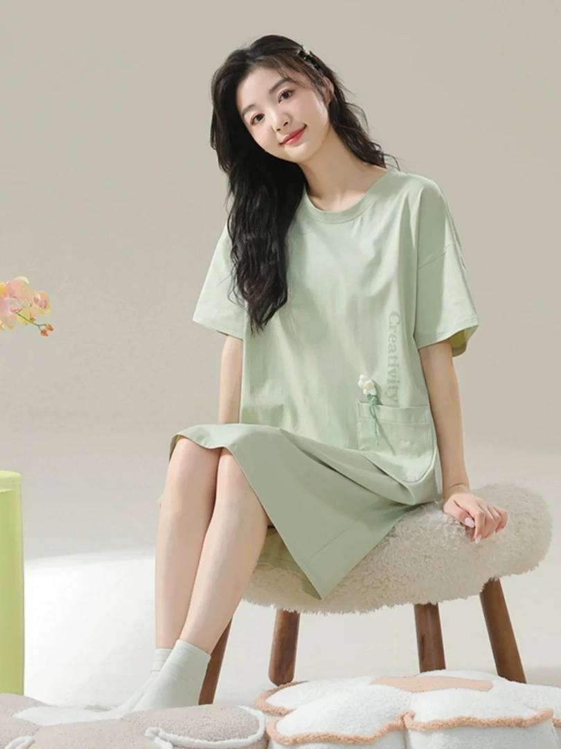 夏季睡裙女短袖中长款过膝女青年纯色睡衣裙甜美学生少女家居服夏