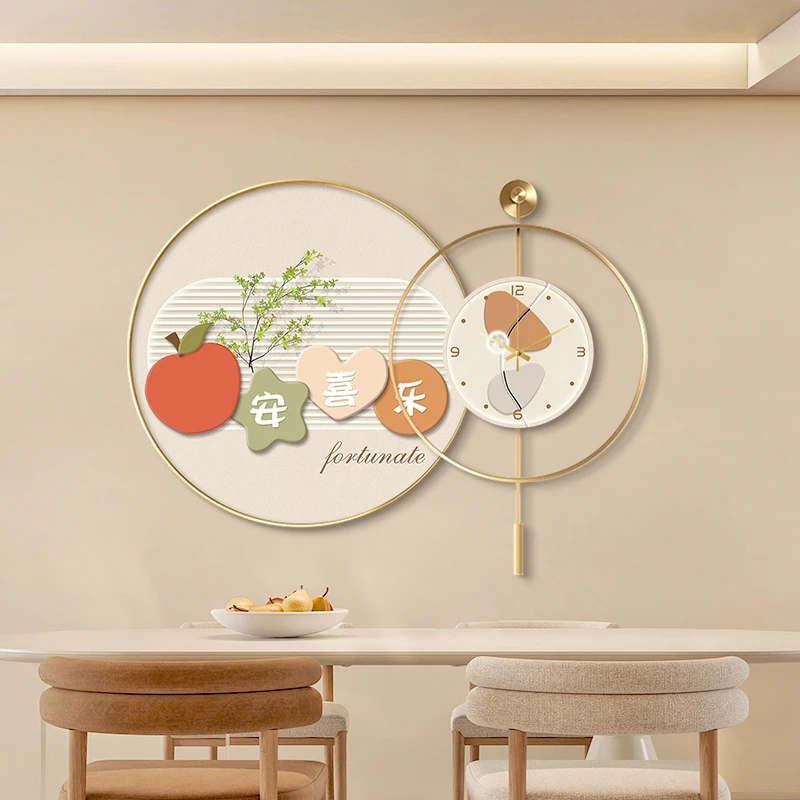 平安喜乐餐厅装饰画奶油风客厅背景墙挂画2025新款静音钟表挂钟