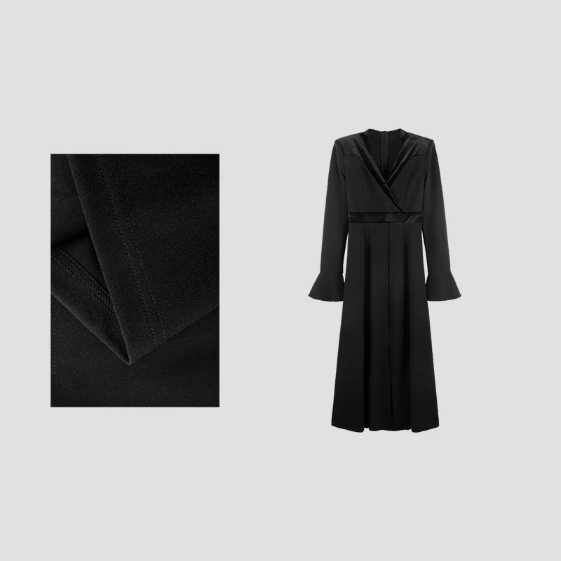 【屿宴】2025春季新款V领喇叭袖气质设计感连衣裙HBZU651498 nnassa