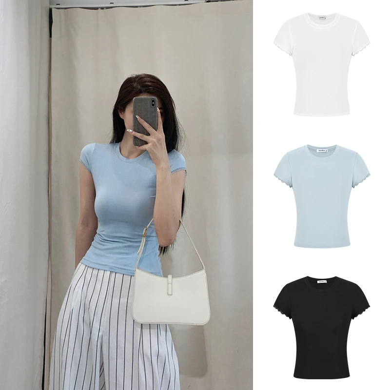 Moses Queen/魔西女王小心机纯欲蕾丝短袖T恤掐腰显瘦短款上衣