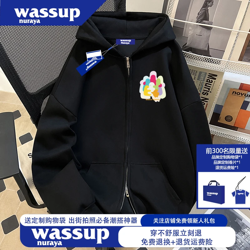 WASSUP NURAYA日系复古连帽卫衣开衫男秋冬季加绒加厚双拉链外套