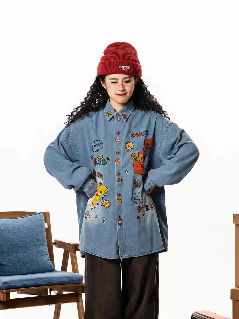 MX经典/水洗做旧卡通牛仔衬衫男女早秋2024复古童趣重工绣花衬衣