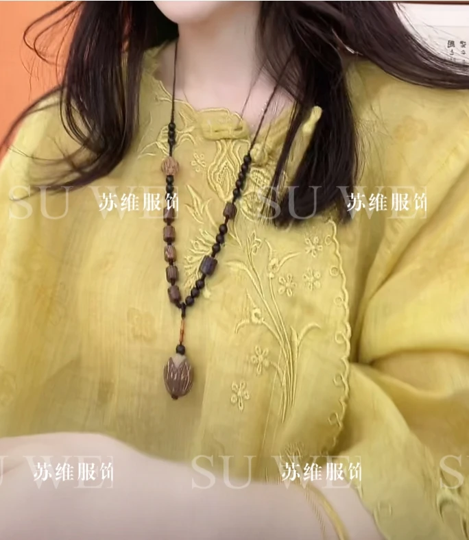 915苎麻女装苎麻盘扣复古文艺刺绣宽松显瘦轻薄透气衬衫上衣