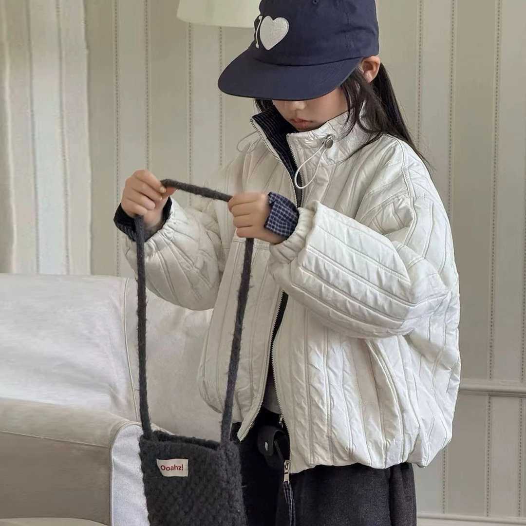 女童深秋立领夹棉外套2025新款秋冬加厚二棉格子拼色绗棉棉服保暖