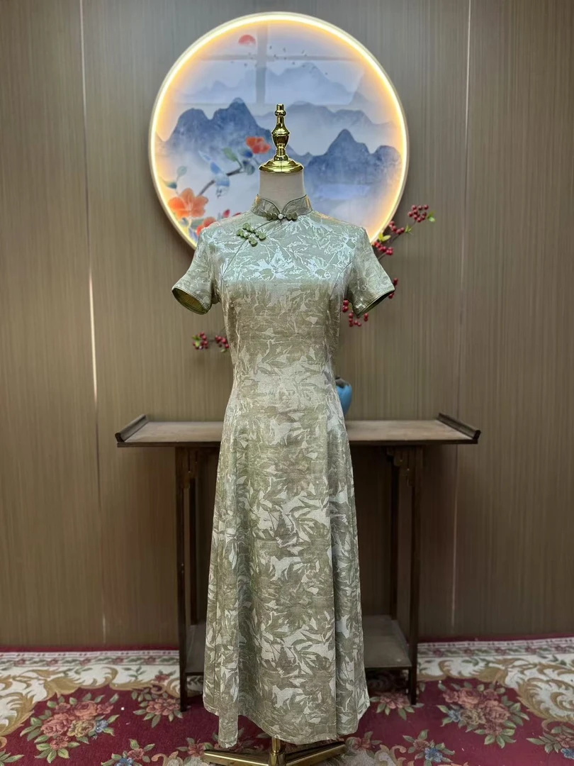 明镜  日常气质文艺国风复古优雅奥黛改良长款旗袍