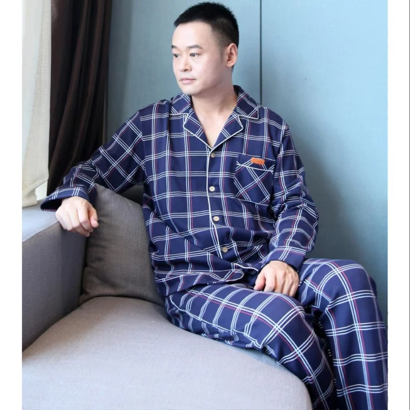 只发新疆男士精梳棉开襟格子长袖长裤家居服套装春秋宽松 24080