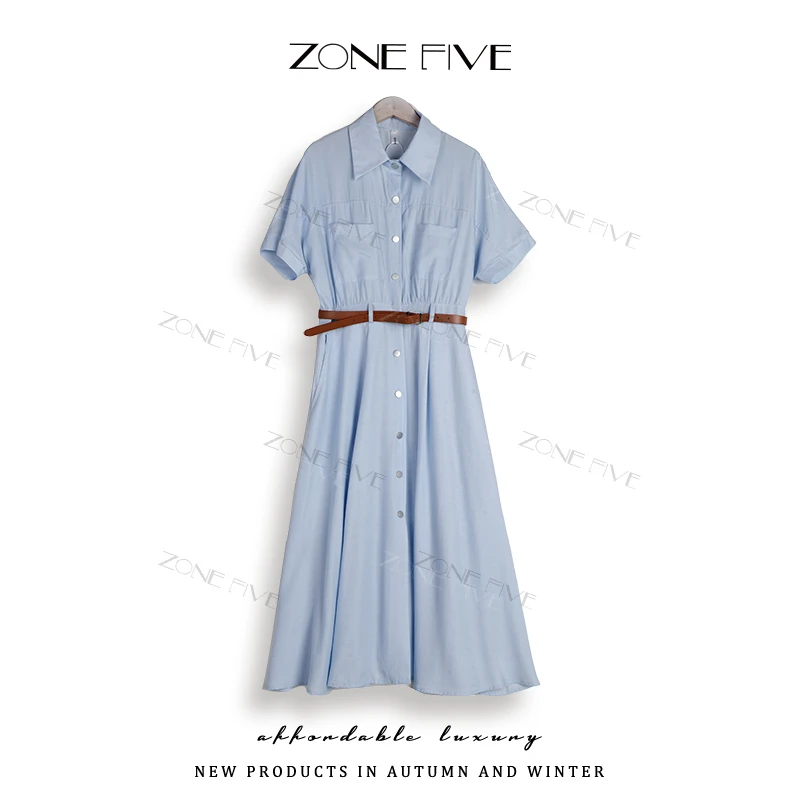 【zonefive】夏季新款显瘦通勤翻领连衣裙配腰带收腰中长裙8055