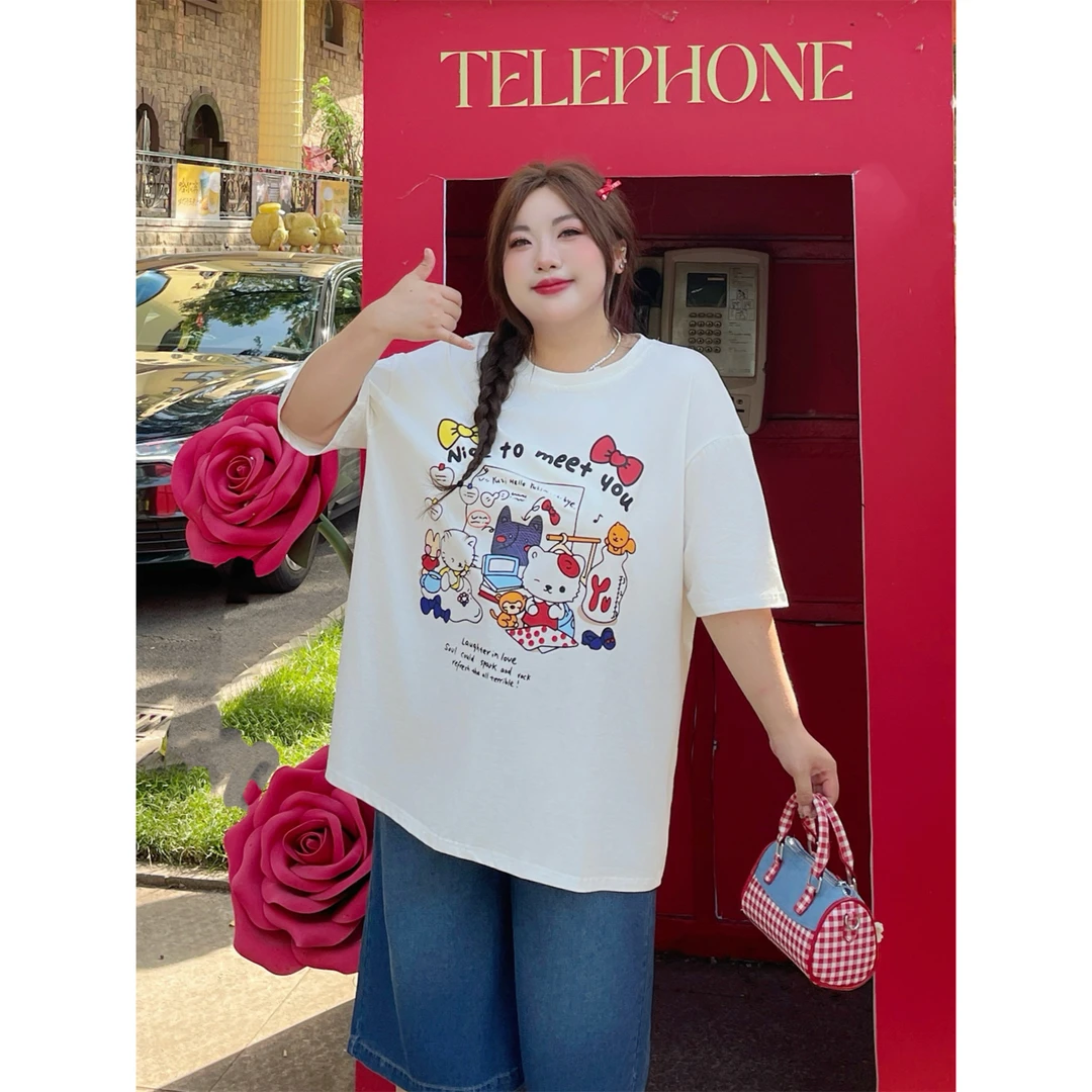 牛奶刻度 / 冰瓷棉可爱俏皮减龄印花T恤4321花契大码200斤胖mm