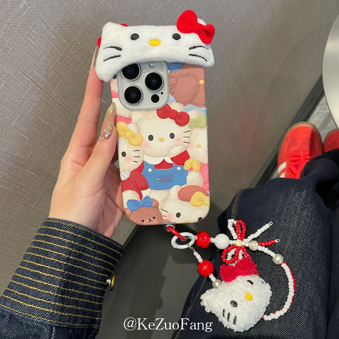 少女心满屏kt猫咪皮质手机壳适用iPhone15苹果16pro/14/13全包