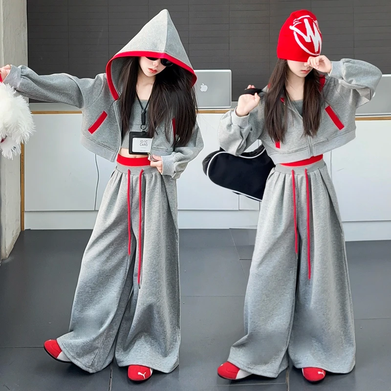 女童美式短款连帽卫衣外套2025新款早秋拼色开衫上衣宽松阔腿裤潮