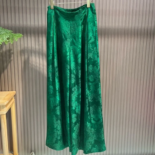 祖母绿宽松阔腿裤长裤 人丝提花草木染贵气休闲裤