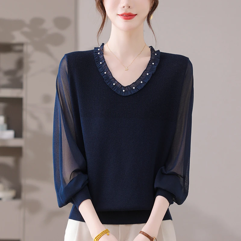 蕾丝打底衫女秋装2025新款大码洋气针织上衣宽松显瘦春秋薄款毛衣